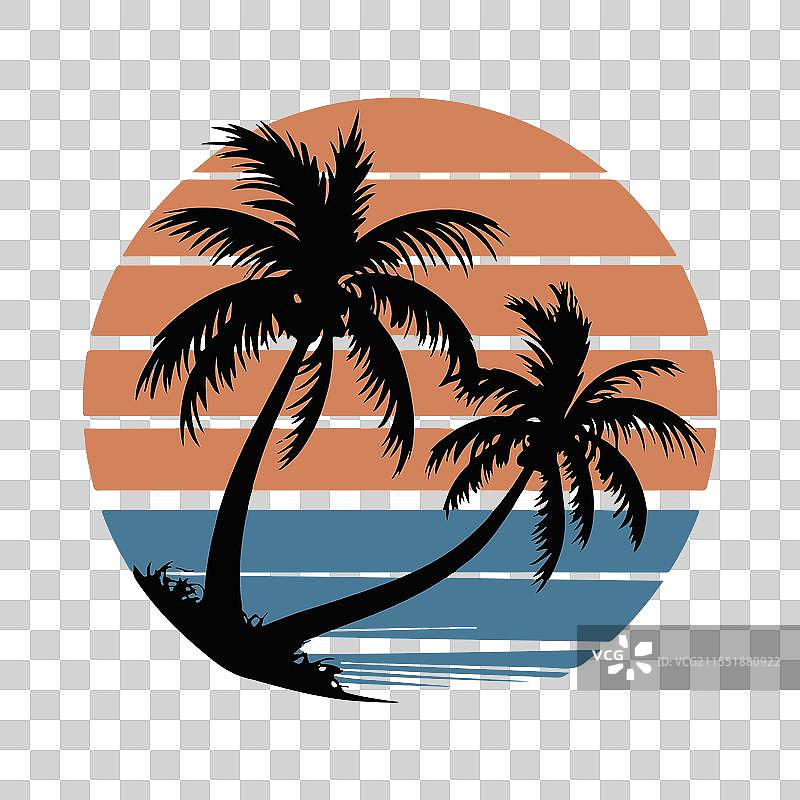 热带日落海滩上的棕榈树图片素材