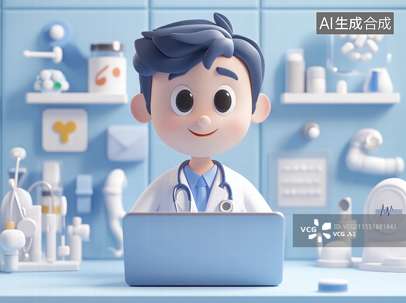 【AI数字艺术】一个卡通风格的医生形象，他坐在电脑前工作。背景中可以看到各种医疗设备和药品图片素材