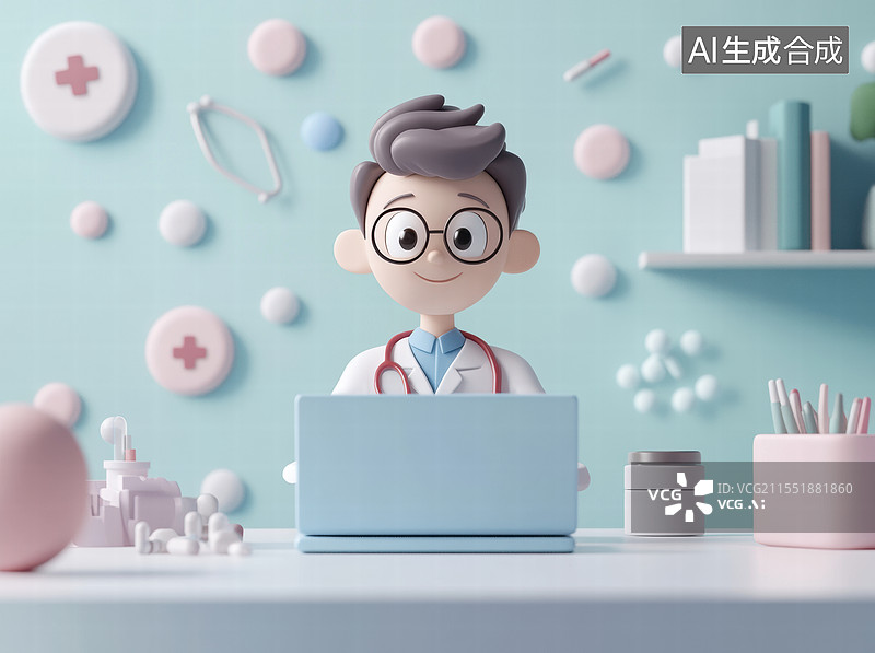 【AI数字艺术】一个卡通风格的医生形象，他坐在电脑前工作。背景中可以看到各种医疗设备和药品图片素材