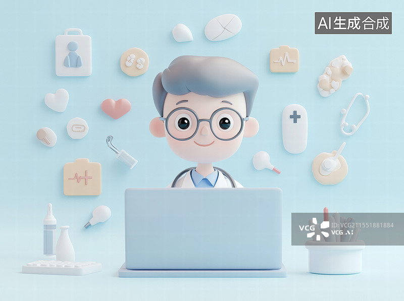 【AI数字艺术】一个卡通风格的医生形象，他坐在电脑前工作。背景中可以看到各种医疗设备和药品图片素材