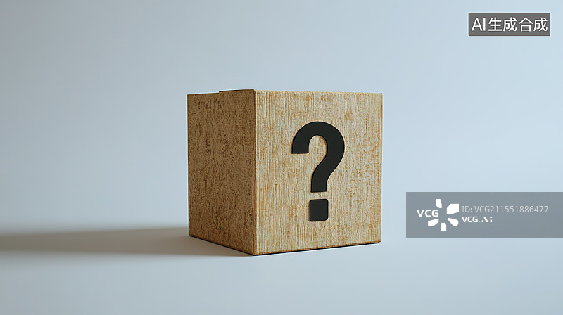【AI数字艺术】愚人节3D神秘盒创意营销概念半开惊喜礼物极简白色背景上展示印有问号的品牌盒子图片素材