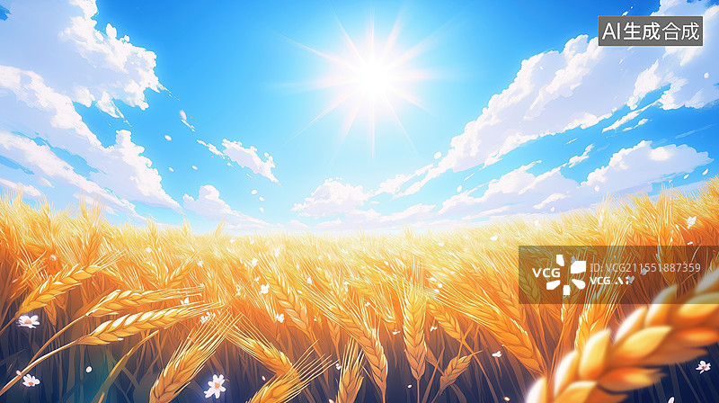 【AI数字艺术】金黄麦田下的晴朗天空图片素材