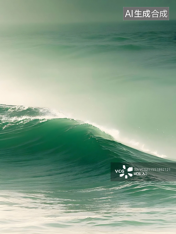 【AI数字艺术】唯美写意：海面上翻涌的墨绿巨浪，于朦胧光影中尽显自然磅礴之力图片素材