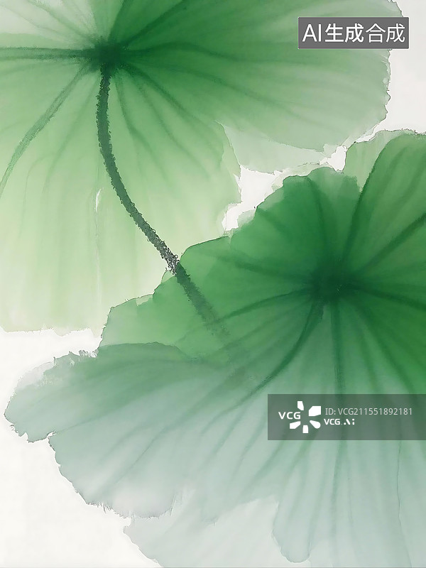 【AI数字艺术】唯美写意：水墨晕染下的两片翠绿荷叶图片素材