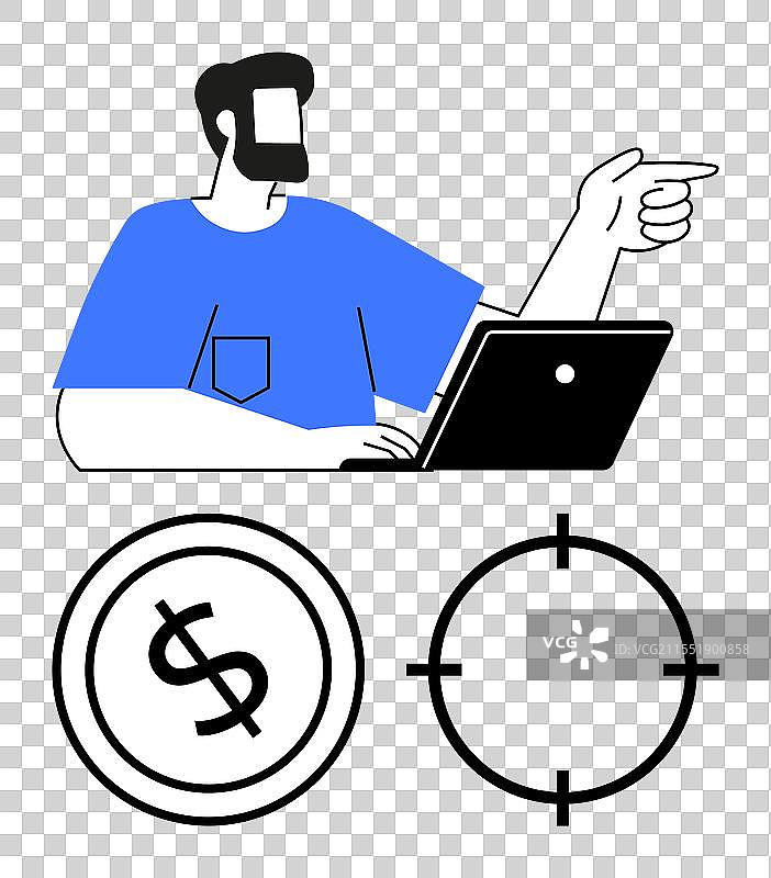 专注的商人使用笔记本电脑并指向前方图片素材