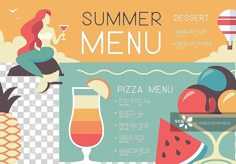 复古夏季餐厅菜单设计与美人鱼图片素材