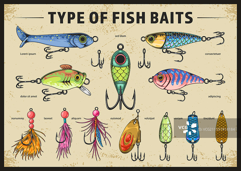 不同类型的钓鱼饵料供钓鱼者使用图片素材