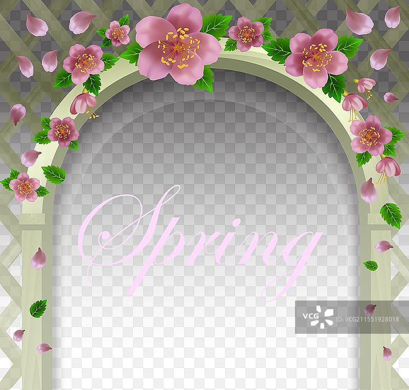 粉色春花映衬在木格栅上图片素材