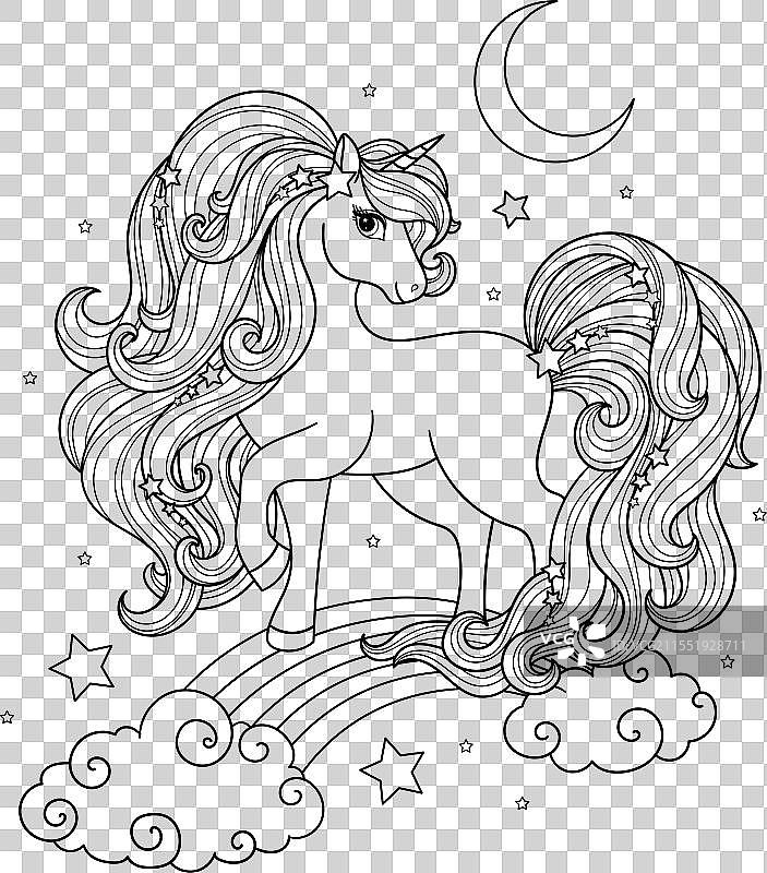 美丽的独角兽在彩虹上，长长的鬃毛随风飘扬。图片素材