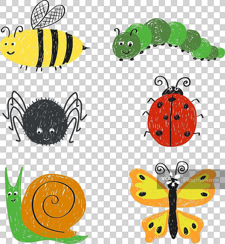 可爱的昆虫卡通系列：蜜蜂、瓢虫和蜗牛图片素材