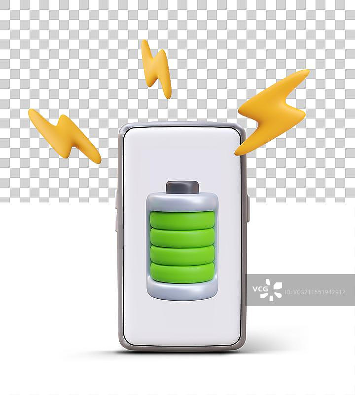 逼真的智能手机与绿色电池闪电图案图片素材