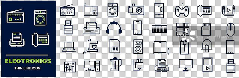 电子产品和设备相关的线条图标集图片素材