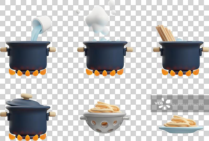 一套锅具在火上，带有漏网和食物盘的3D图像图片素材
