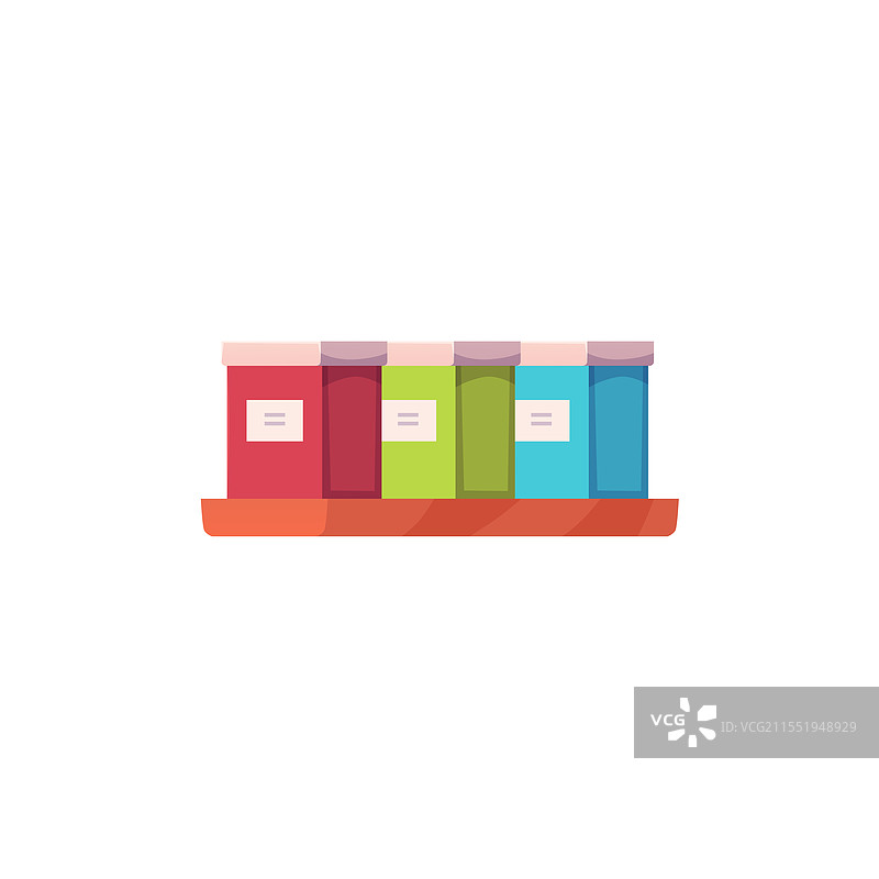 平放的货架，上面摆放着五颜六色的产品盒子图片素材