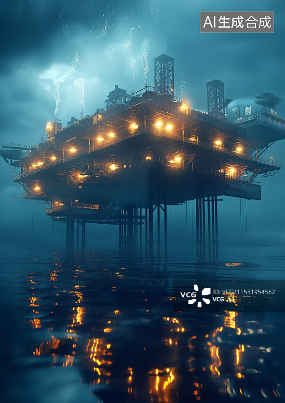 【AI数字艺术】海面上的石油钻井图片素材