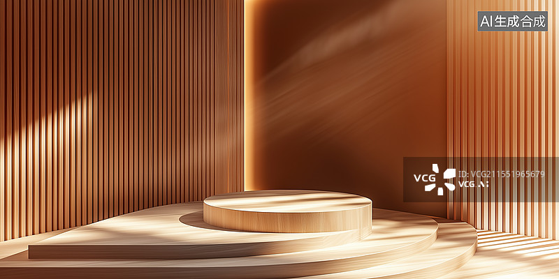 【AI数字艺术】现代极简木纹圆形讲台摄影图片素材