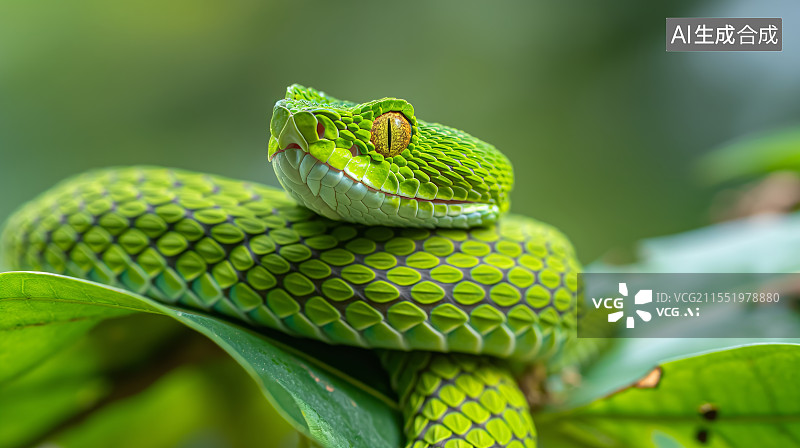【AI数字艺术】翠绿蝰蛇盘踞叶间，金眸锐利窥视图片素材