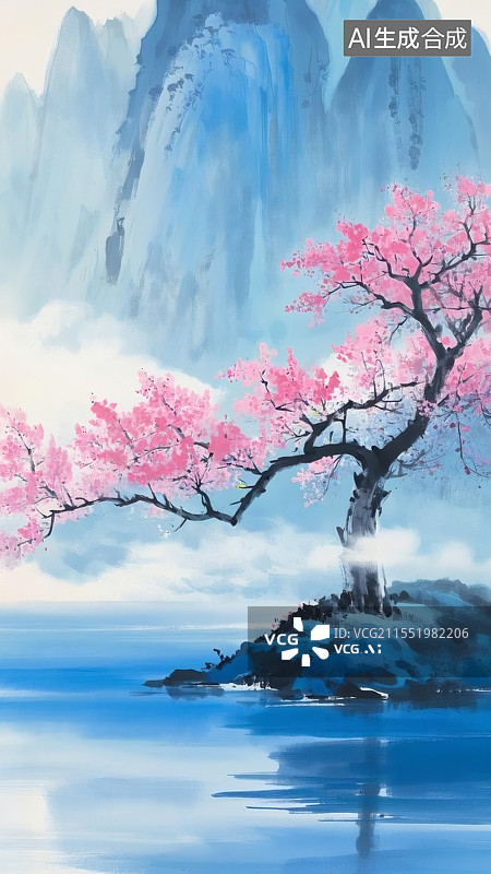 【AI数字艺术】水墨桃花山水春天新中式国画国风海报背景图片素材