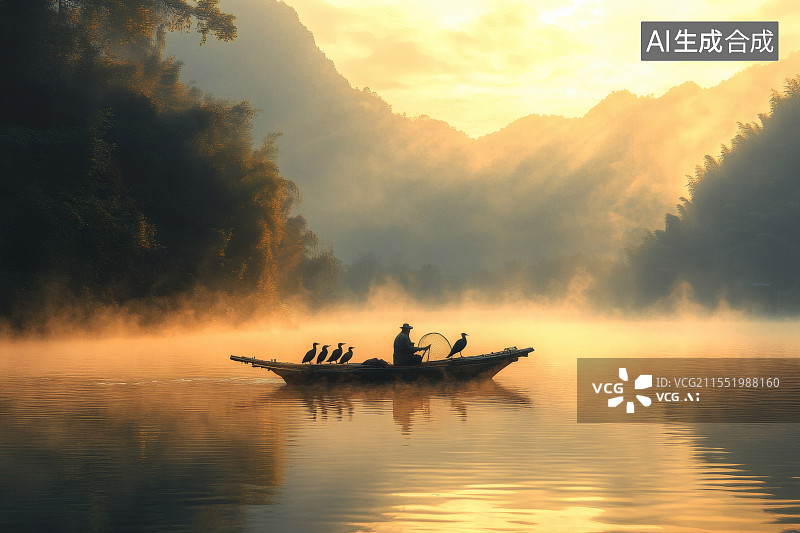 【AI数字艺术】清晨渔民驾船在湖面捕鱼，船边站着一排鸬鹚图片素材
