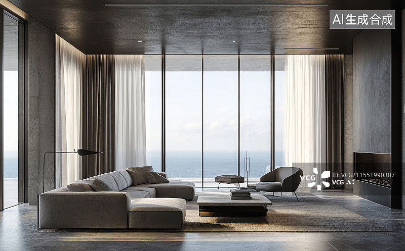 【AI数字艺术】家庭内部，豪华客厅和现代化的房子，房间里有沙发，椅子和植物图片素材