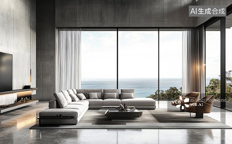 【AI数字艺术】家庭内部，豪华客厅和现代化的房子，房间里有沙发，椅子和植物图片素材