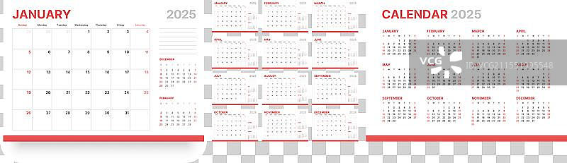 2025年日历，月份从星期天开始图片素材