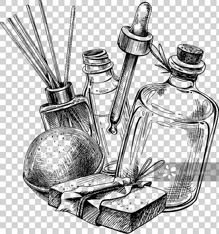 香薰扩散器玻璃瓶、滴管、手工肥皂图片素材