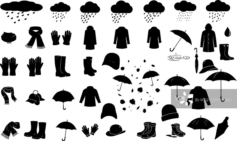 一组雨天装备的剪影图片素材