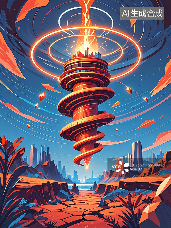 【AI数字艺术】扁平风反重力插画，熔岩橙暗红螺旋塔喷射等离子流，破碎地壳演绎末日能源美学。图片素材