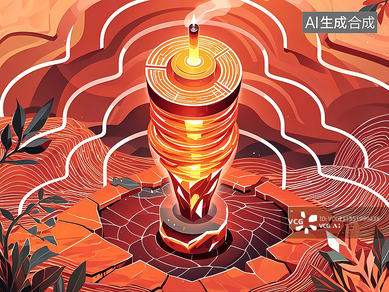【AI数字艺术】扁平风反重力插画，熔岩橙暗红螺旋塔喷射等离子流，破碎地壳演绎末日能源美学。图片素材