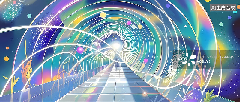 【AI数字艺术】光子跃迁通道插画，镭射银时空隧道扭曲光路径，量子纠缠白洞诠释高能物理。图片素材
