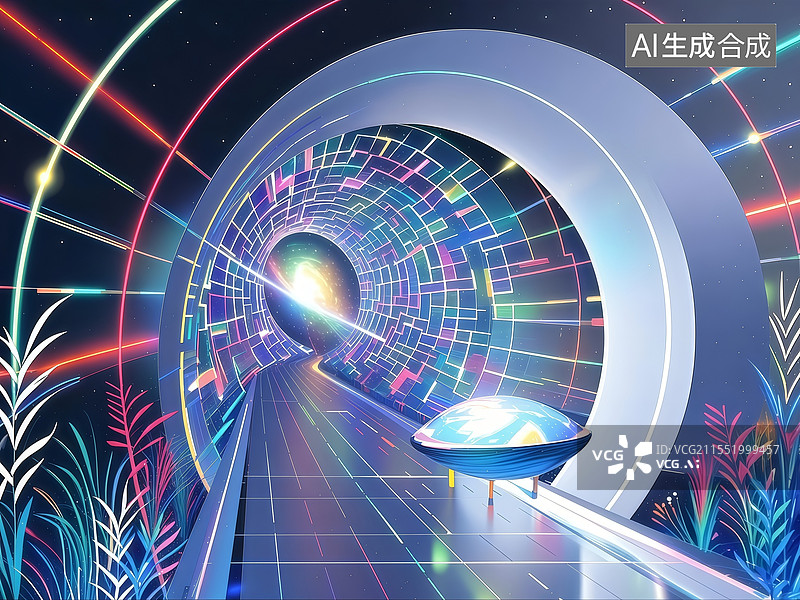【AI数字艺术】光子跃迁通道插画，镭射银时空隧道扭曲光路径，量子纠缠白洞诠释高能物理。图片素材