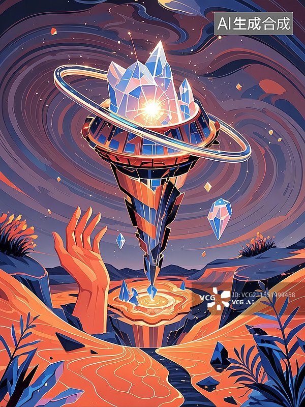 【AI数字艺术】扁平风反重力插画，熔岩橙暗红螺旋塔喷射等离子流，破碎地壳演绎末日能源美学。图片素材