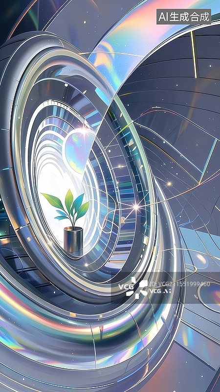 【AI数字艺术】光子跃迁通道插画，镭射银时空隧道扭曲光路径，量子纠缠白洞诠释高能物理。图片素材