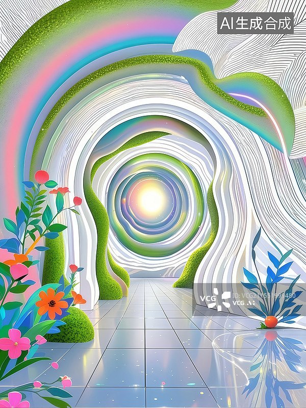 【AI数字艺术】光子跃迁通道插画，镭射银时空隧道扭曲光路径，量子纠缠白洞诠释高能物理。图片素材