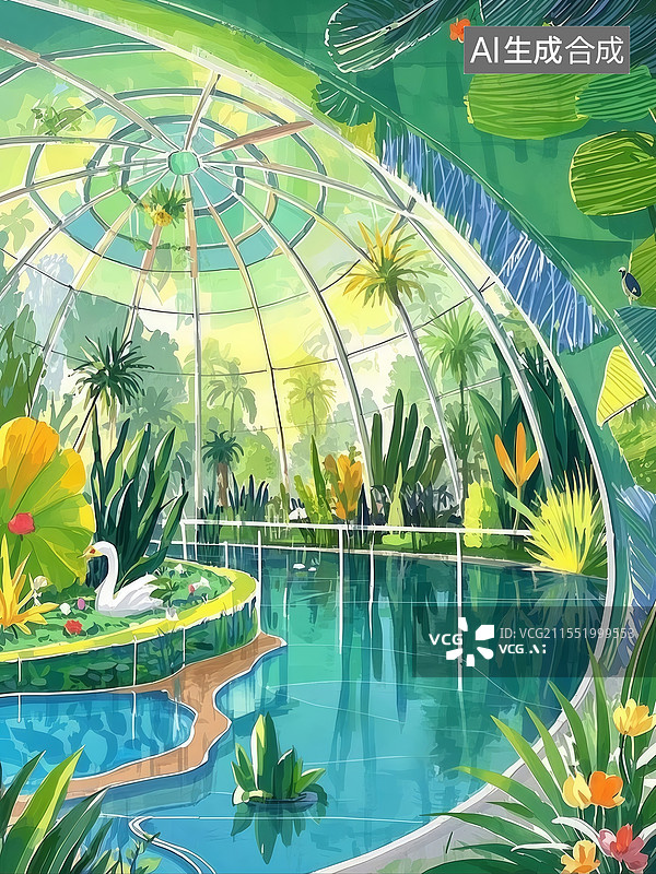 【AI数字艺术】生态修复穹顶，机械植物与翡翠绿穹顶交织，珊瑚礁生物发光诠释基因工程未来。图片素材