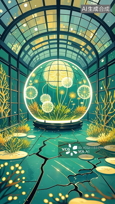 【AI数字艺术】生态修复穹顶，机械植物与翡翠绿穹顶交织，珊瑚礁生物发光诠释基因工程未来。图片素材