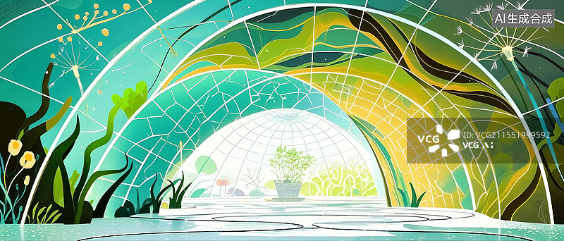 【AI数字艺术】生态修复穹顶，机械植物与翡翠绿穹顶交织，珊瑚礁生物发光诠释基因工程未来。图片素材