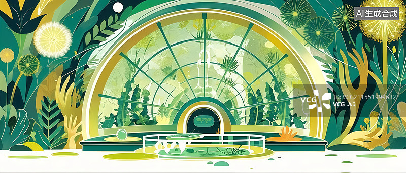 【AI数字艺术】生态修复穹顶，机械植物与翡翠绿穹顶交织，珊瑚礁生物发光诠释基因工程未来。图片素材