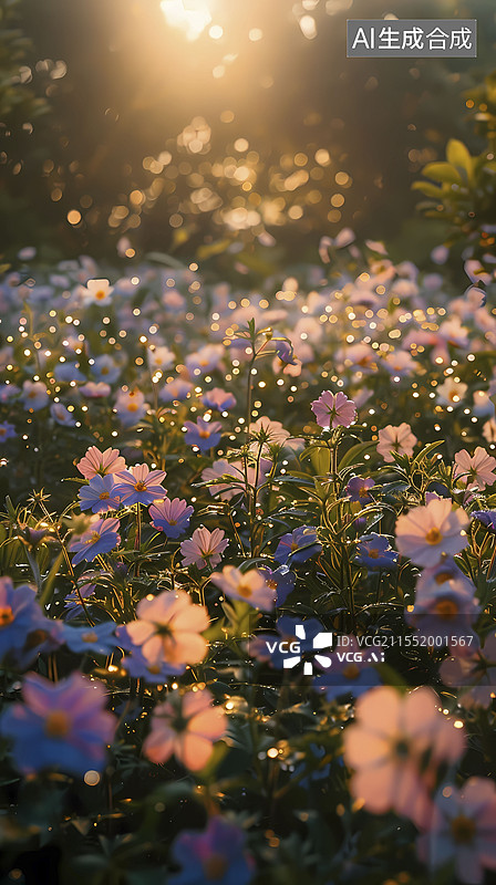 【AI数字艺术】数码科技绿色花园露珠花朵海报背景图片素材