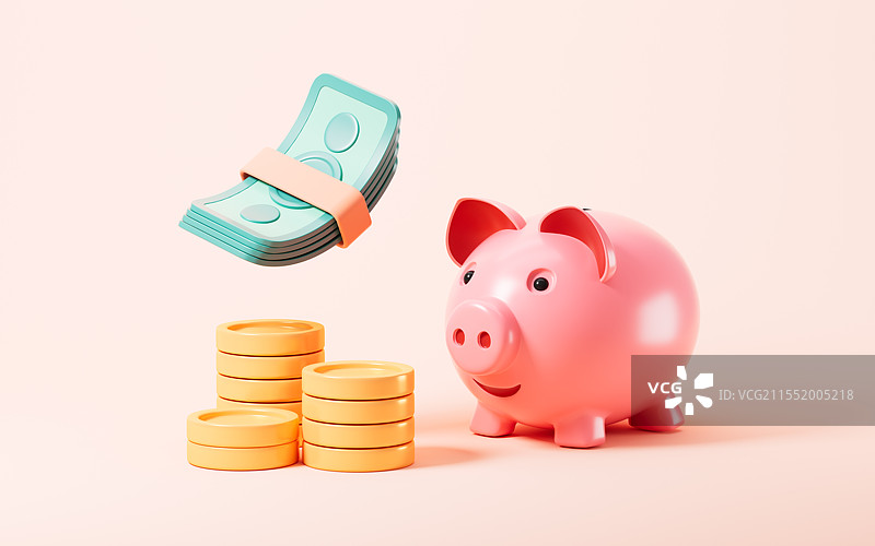 卡通小猪储蓄罐和现金3D渲染图片素材