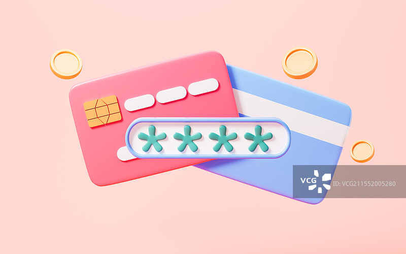 卡通银行卡信息加密保护财产安全概念3D渲染图片素材