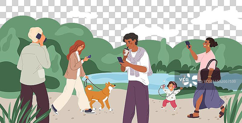 人们在公园里使用电子设备，男女在散步。图片素材