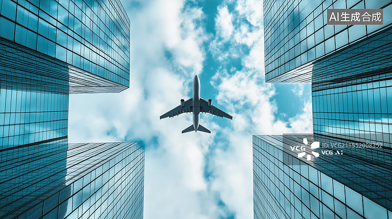 【AI数字艺术】飞机飞过金融商业建筑背景图图片素材
