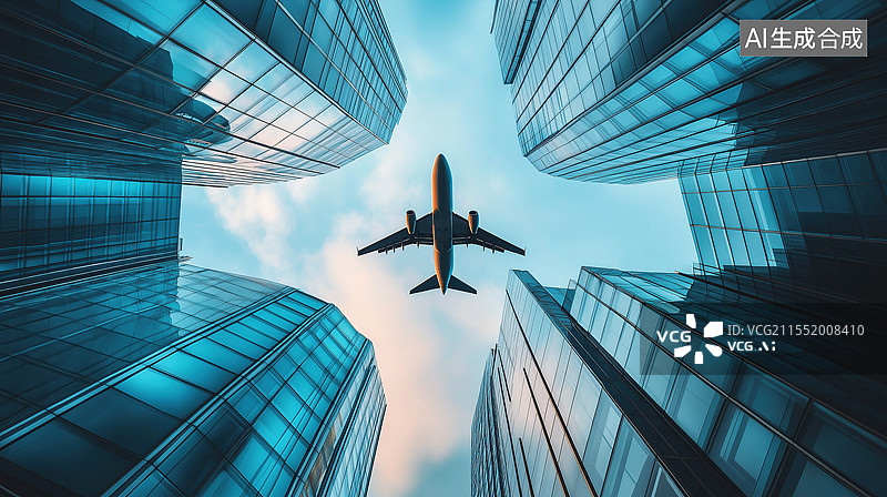 【AI数字艺术】飞机飞过金融商业建筑背景图图片素材