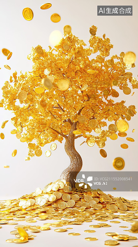【AI数字艺术】一棵长满金币和金锭的摇钱树图片素材