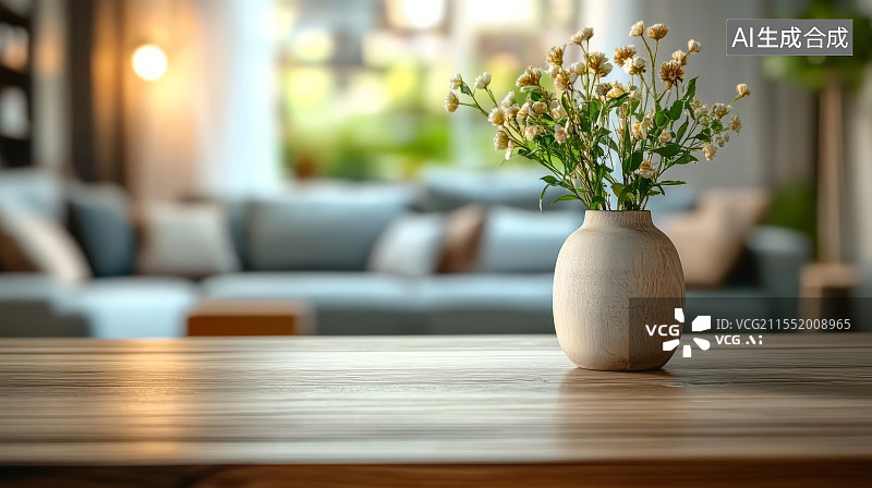 【AI数字艺术】现代客厅木桌上花瓶的特写图片素材