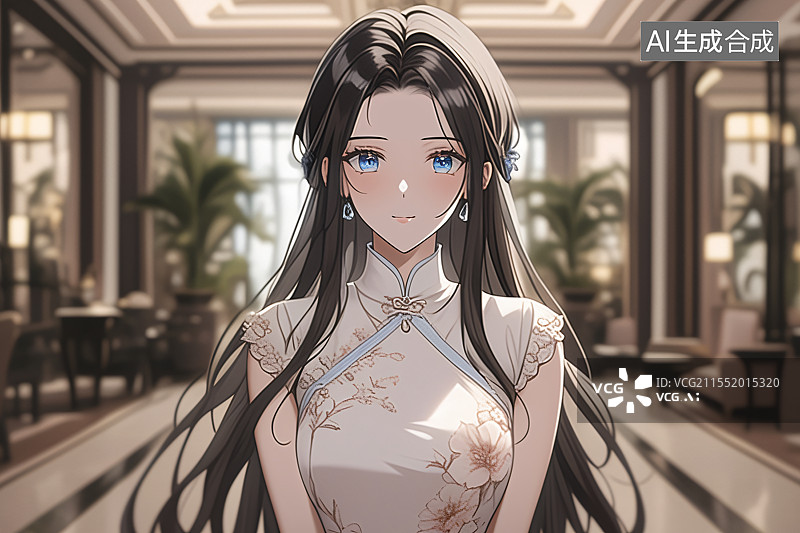 【AI数字艺术】插画中身着旗袍的美女站在中式现代装修的室内，融合优雅、文化与精致，适合作为小说或图书封面设计图片素材