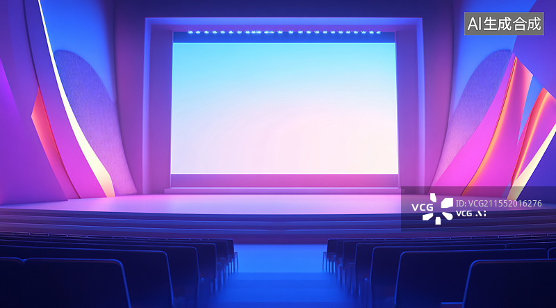 【AI数字艺术】空旷的发布会舞台，巨大的蓝紫色屏幕营造出未来感和专业氛围，适用于产品发布、企业演示和商业活动。简约的图片素材