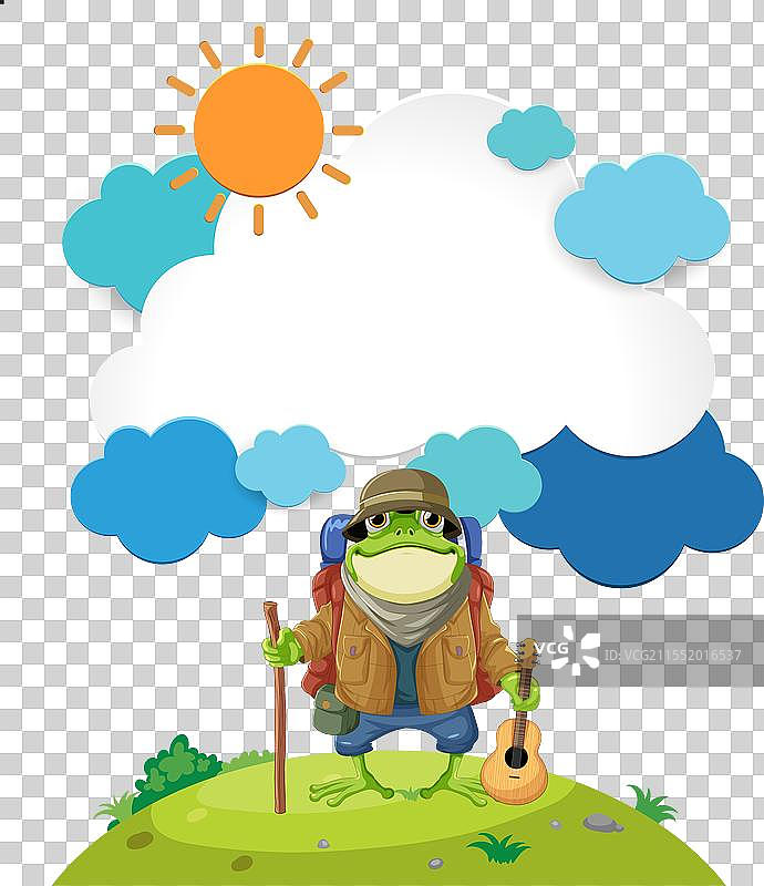 背着背包和吉他的卡通青蛙在户外图片素材